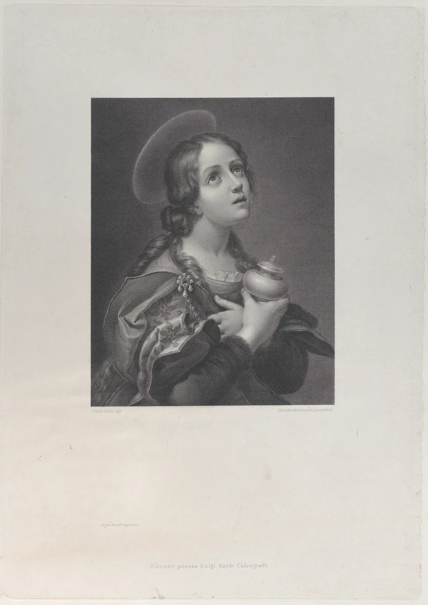 Mary Magdalene as a young girl, clutching her unguent vase by Giovita Garavaglia, print, 1832