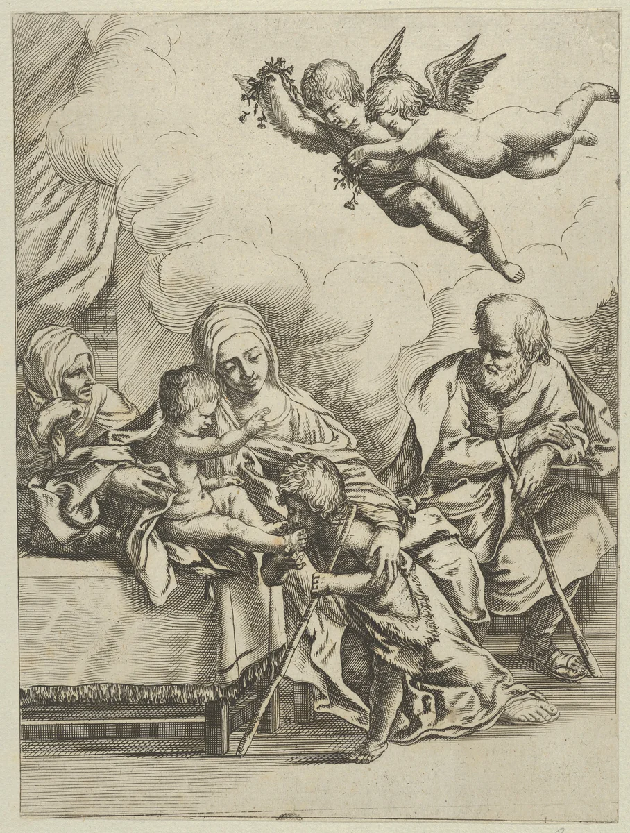 The Holy Family with young John the Baptist and Saint Elizabeth, two angels above, after Reni by anonymous, print, 1585-1615