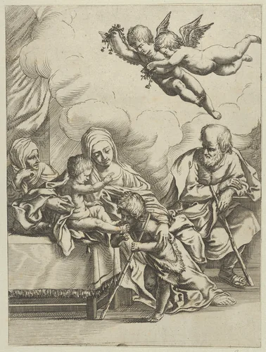 The Holy Family with young John the Baptist and Saint Elizabeth, two angels above, after Reni by anonymous, print, 1585-1615