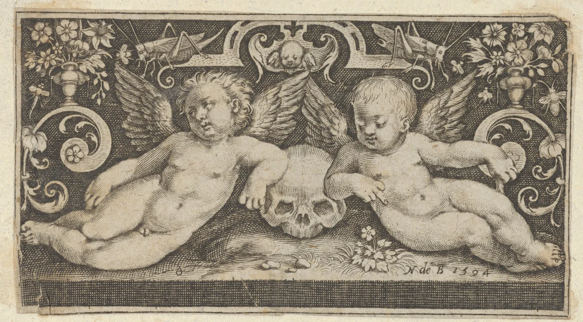 Two Genii with a Skull and Grasshoppers by Nicolaes de Bruyn, print, 1594