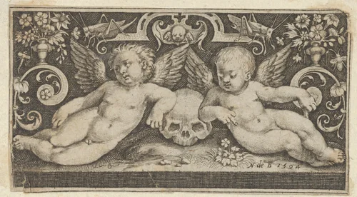 Two Genii with a Skull and Grasshoppers by Nicolaes de Bruyn, print, 1594