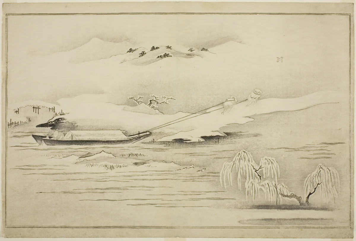 Towing a Barge in the Snow, from the album The Silver World by Kitagawa Utamaro (喜多川歌麿), print, 1785-1795
