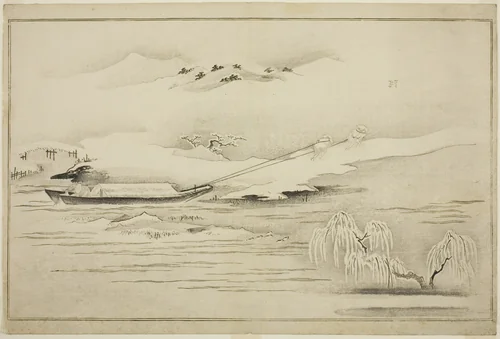 Towing a Barge in the Snow, from the album The Silver World by Kitagawa Utamaro (喜多川歌麿), print, 1785-1795