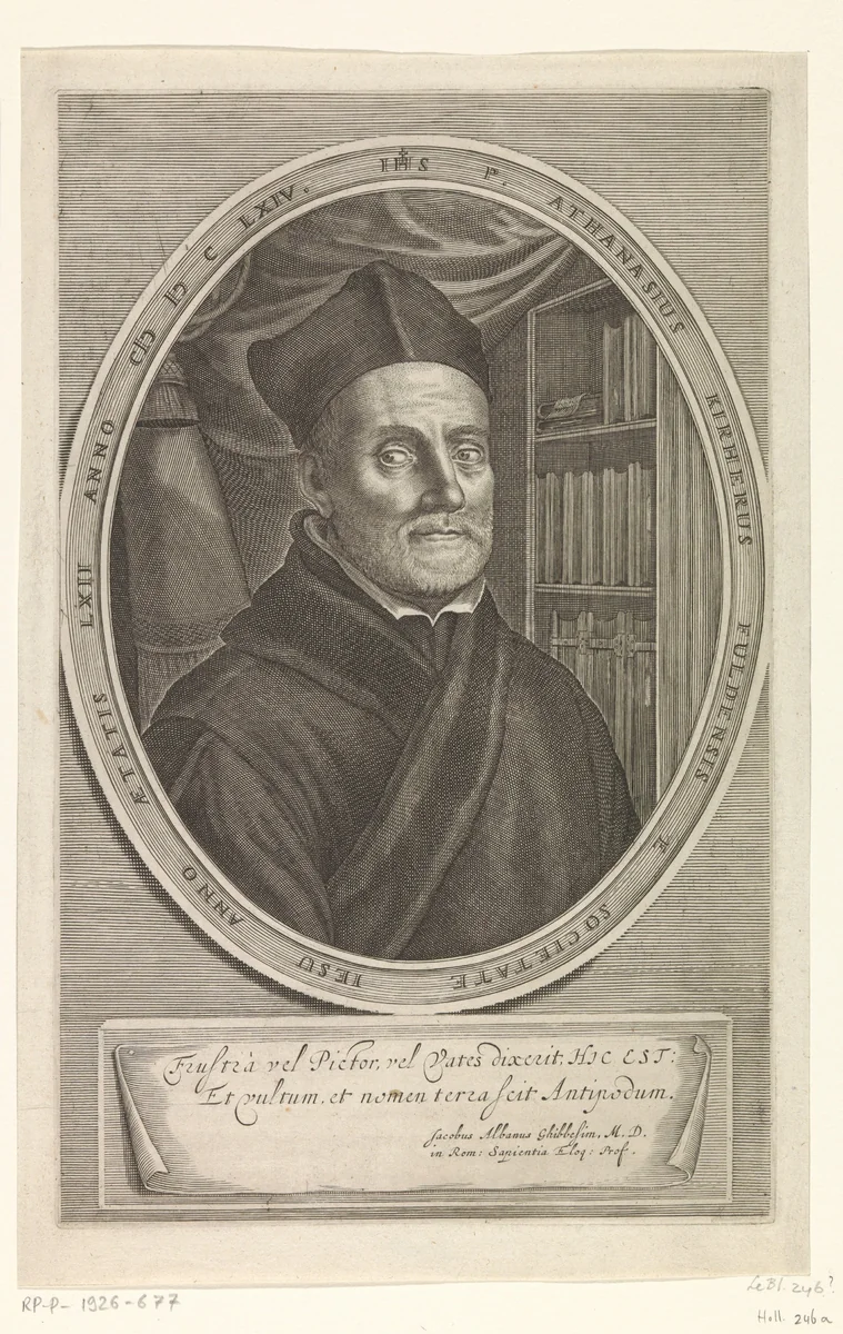 Portret van Athanasius Kircher op 62-jarige leeftijd by Cornelis Bloemaert, print, 1664