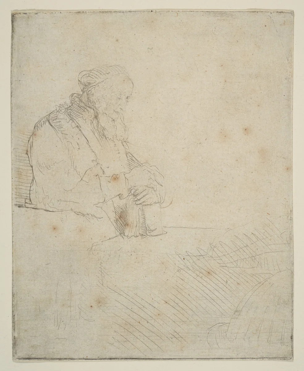 Old Man in Meditation, Leaning on a Book by Rembrandt van Rijn, print, 1640-1650