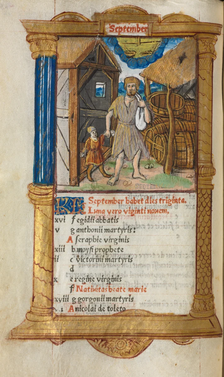 Printed Book of Hours (Use of Rome): fol. 10v, September calendar illustration by Guillaume Le Rouge, book, 1510