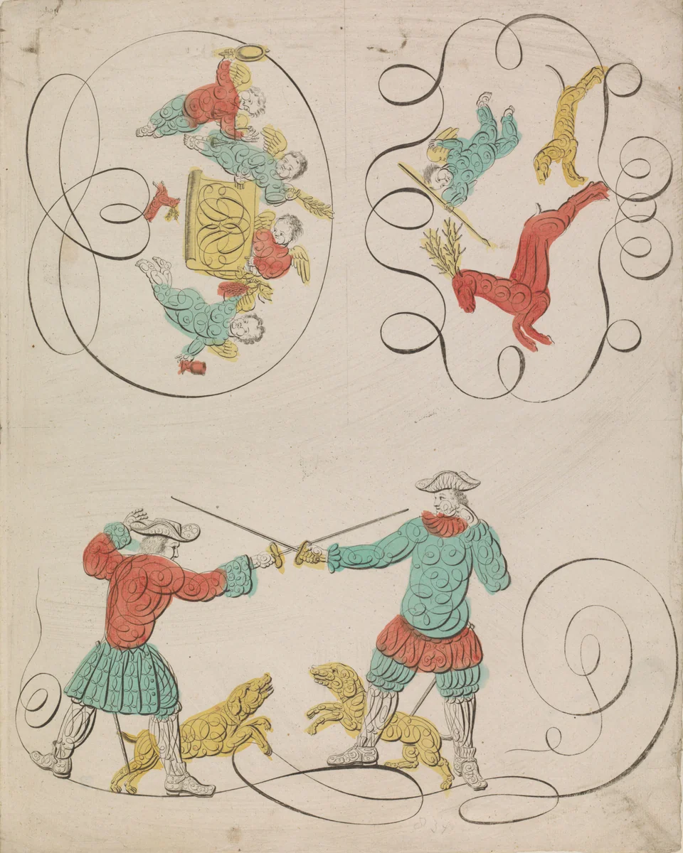 Engelen en een zwaardgevecht by anonymous, print, 1700-1899