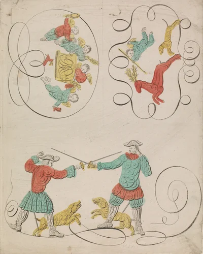 Engelen en een zwaardgevecht by anonymous, print, 1700-1899