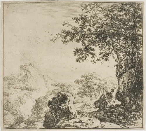 Mountainous Landscape with a Road, from the series Set of Landscapes by Herman Naijwincx, print, 1644-1651