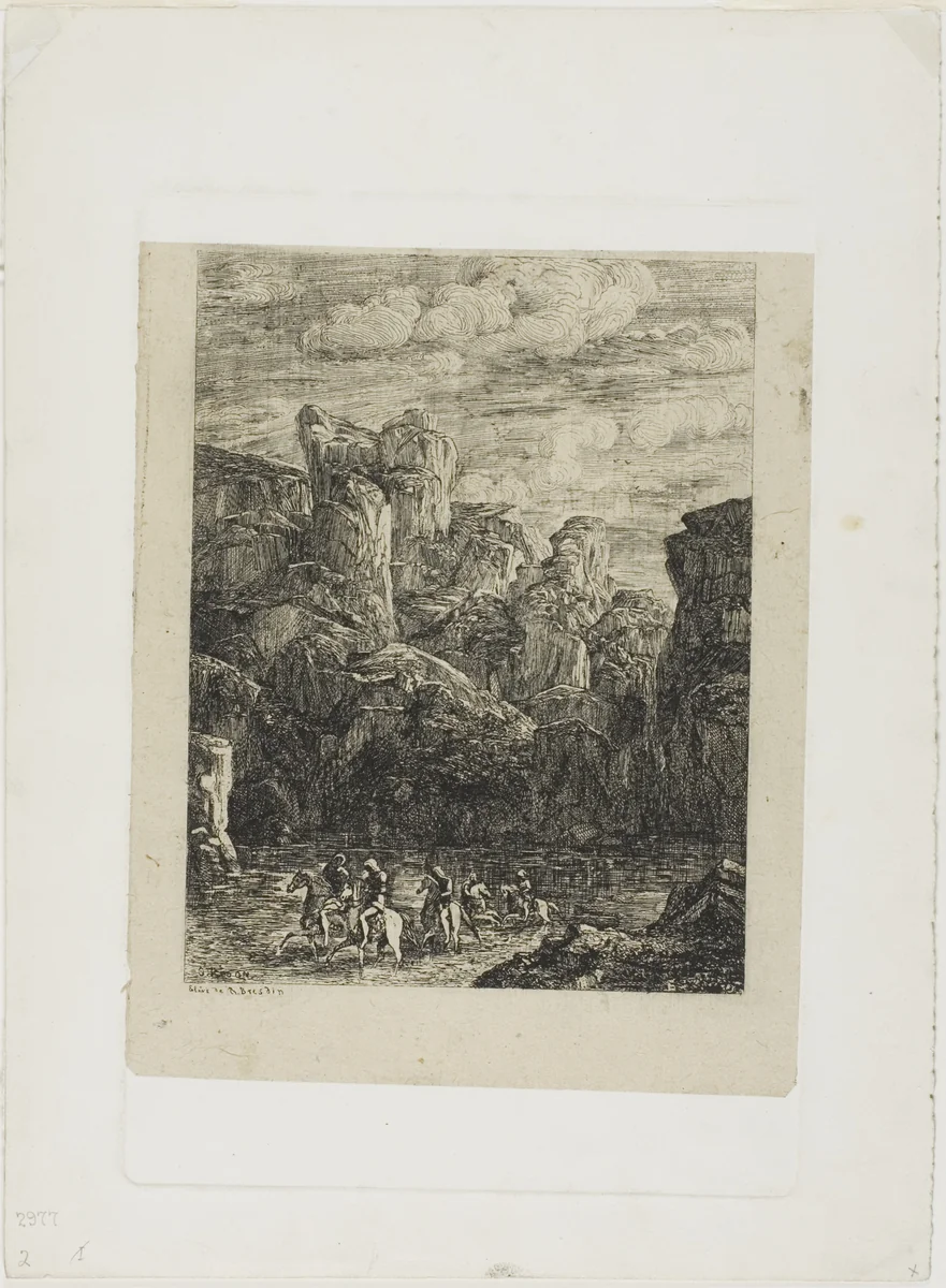 The Ford: Landscape with Horsemen by Odilon Redon, print, 1866