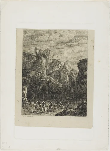 The Ford: Landscape with Horsemen by Odilon Redon, print, 1866