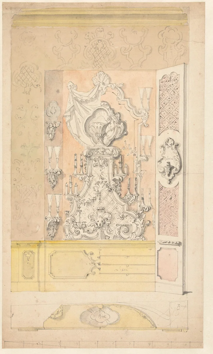 Ontwerp voor een wandkast met étagère in een binnenbetimmering by anonymous, drawing, 1796