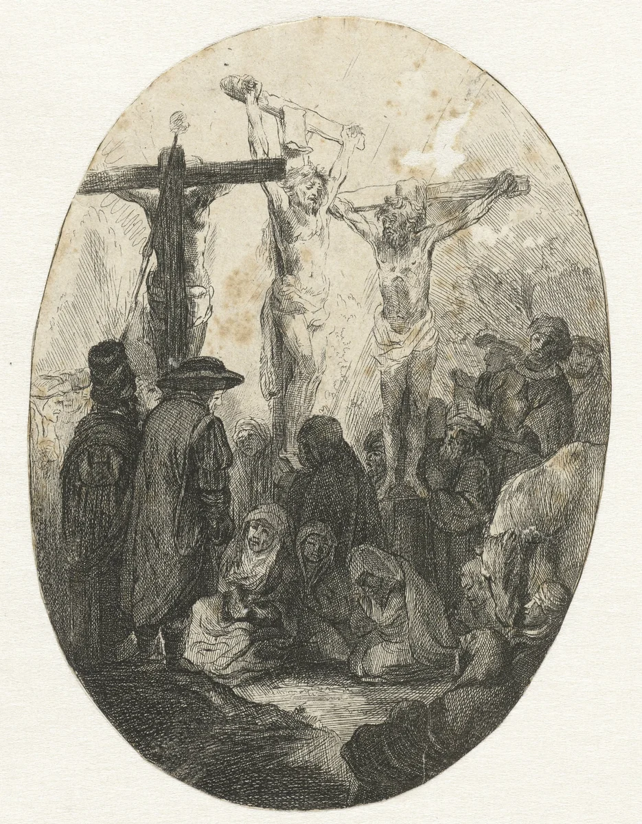 Christ crucified between the two thieves: an oval plate by anonymous, print, 1641