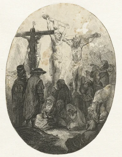 Christ crucified between the two thieves: an oval plate by anonymous, print, 1641