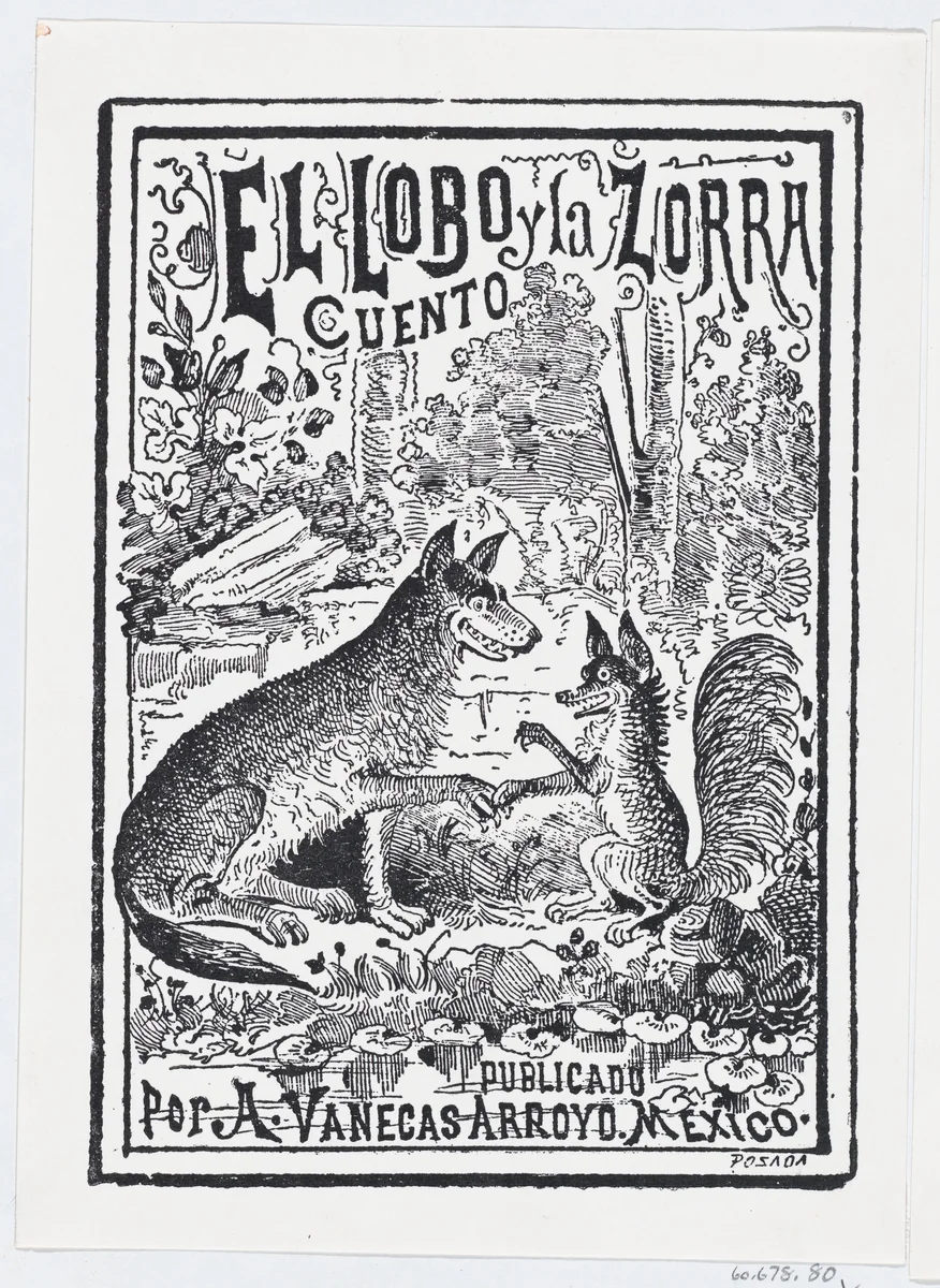 A wolf and a fox in the woods, illustration for 'El Lobo y la Zorra' by José Guadalupe Posada, print, 1887-1913