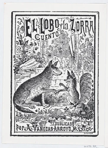 A wolf and a fox in the woods, illustration for 'El Lobo y la Zorra' by José Guadalupe Posada, print, 1887-1913