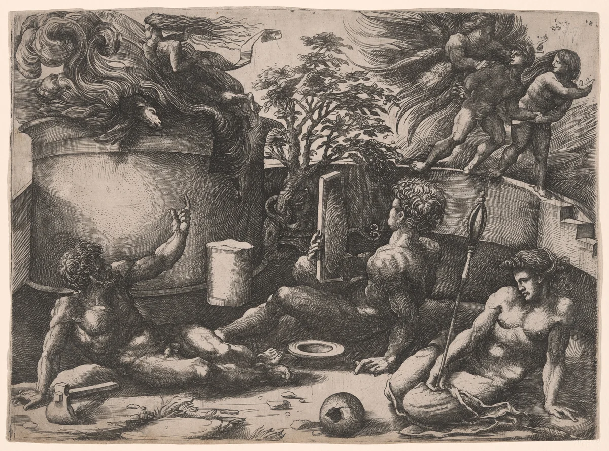 An Allegory on the Expulsion from Paradise and the Sacrifice of Abel by Amico Aspertini, print, 1520-1530