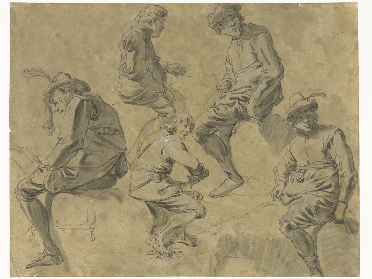 Studieblad met vier mannen te paard en een op een steen by Leonaert Bramer, drawing, 1606-1674