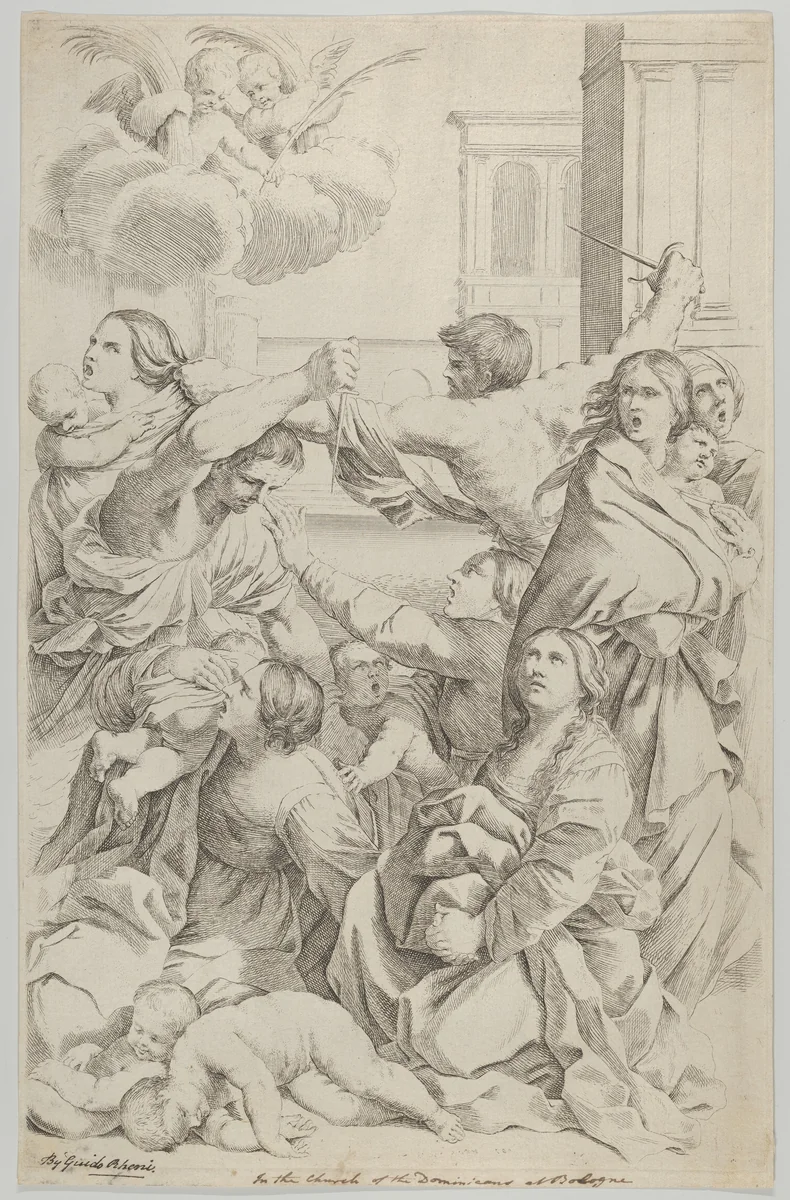 Massacre of the Innocents; group of women and children being attacked, two angels at upper left, after Reni by Gian Battista Bolognini, print, 1635-1670