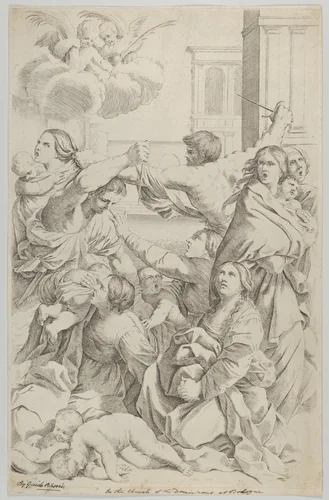 Massacre of the Innocents; group of women and children being attacked, two angels at upper left, after Reni by Gian Battista Bolognini, print, 1635-1670