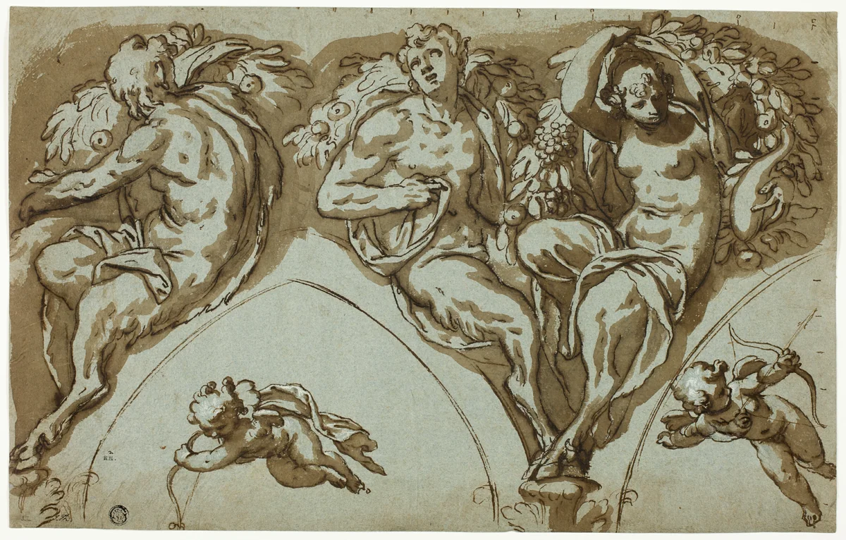 Study for Spandrel Decoration with Satyress, Satyrs, and Putti (recto); Head of Putto (verso) by Paolo Farinati, drawing, 1583-1593