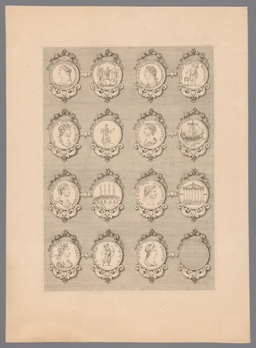 Zestien penningen met versierde lijsten, waarvan één blanco by Simon de la Boissière, print, 1647-1682