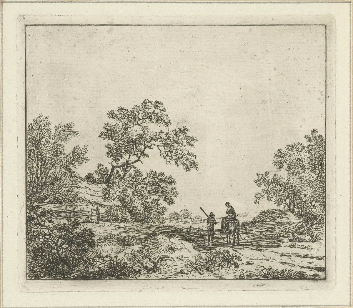 Landschap met man te voet en vrouw te paard by Hermanus Fock, print, 1781-1822
