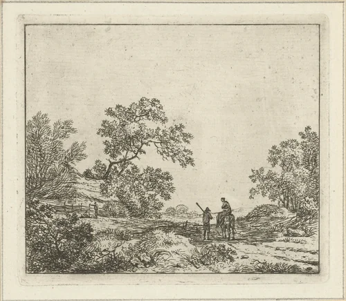 Landschap met man te voet en vrouw te paard by Hermanus Fock, print, 1781-1822