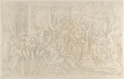 Saint Roch at right distributing alms to a group of people gathered around him, after Annibale Caracci by Francesco Brizio, print, 1590-1610