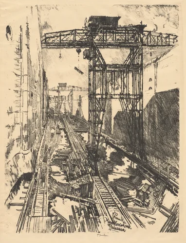 Cranes at Miraflores Lock, Panama by Joseph Pennell, print, 1912