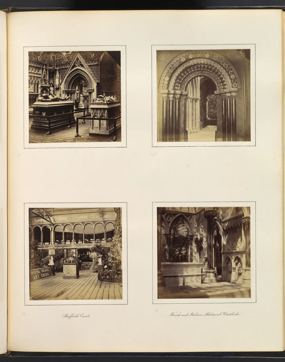 [Medieval Court; Entryway to Byzantine Court; Sheffield Court; French and Italian Mediaeval Vestibule] by Philip Henry Delamotte, photograph, 1857-1861