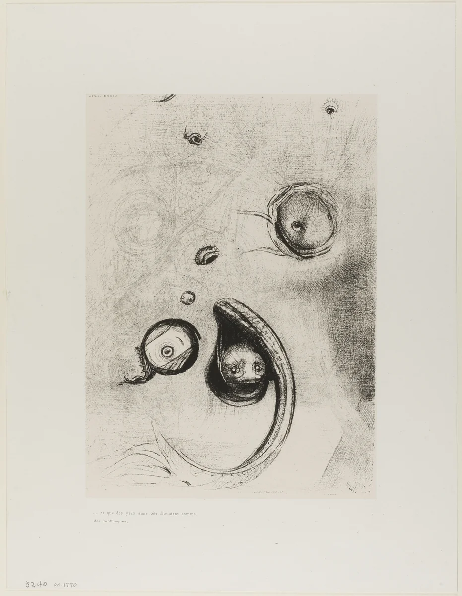Et que des yeux sans tete flottaient comme des mollusques, plate XIII of Tentation de St. Antoine by Odilon Redon, print, 1896