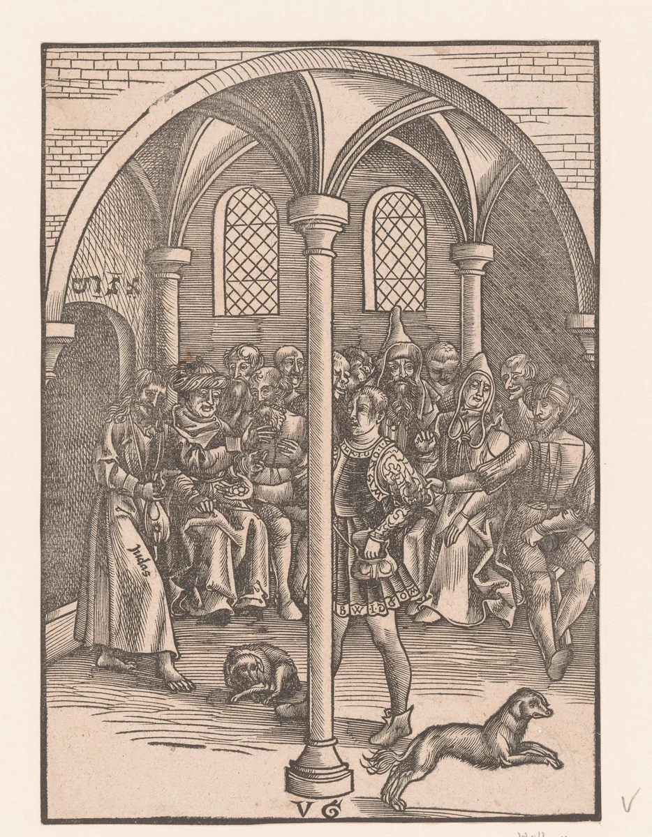 Judas onderhandelt met de hogepriesters en de ouderlingen by anonymous, print, 1506