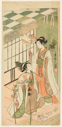 The Shrine Dancers (Miko) Ohatsu and Onami by Ippitsusai Buncho, print, 1769