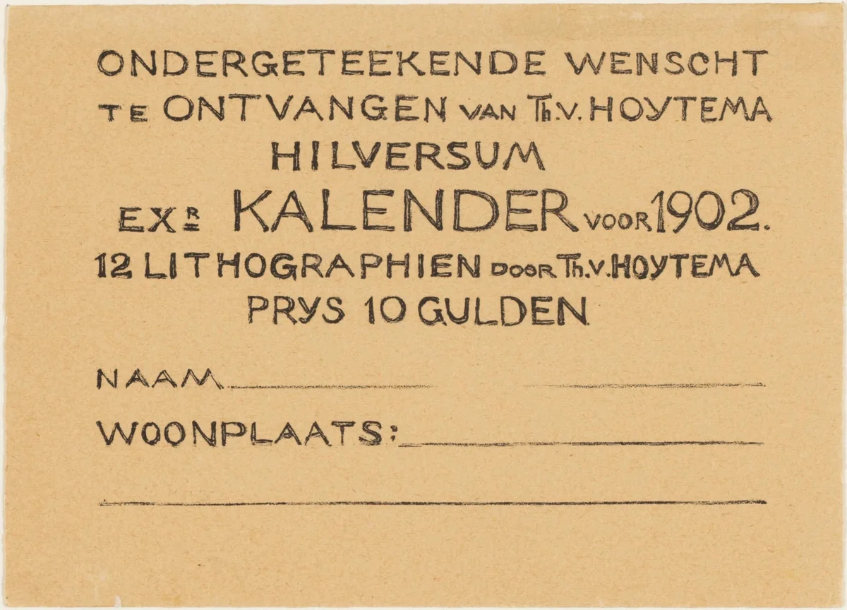 Bestelkaart voor kalender 1902 by Theo van Hoytema, print, 1878-1901