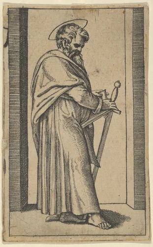 Saint Paul holding a book and a sword facing right by Marcantonio Raimondi, print, 1495-1505