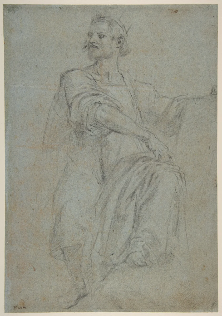 Seated Crowned Male Figure Holding a Book or Scroll (recto); Seated Nude Boy (verso) by Bernardino Poccetti, drawing, 1548-1612