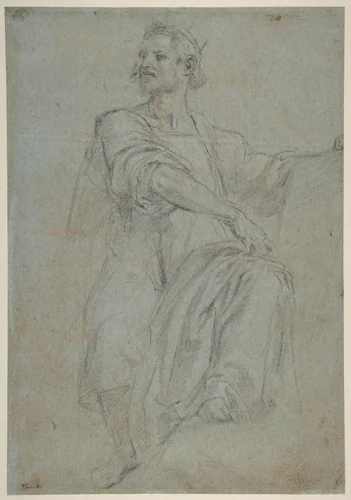 Seated Crowned Male Figure Holding a Book or Scroll (recto); Seated Nude Boy (verso) by Bernardino Poccetti, drawing, 1548-1612
