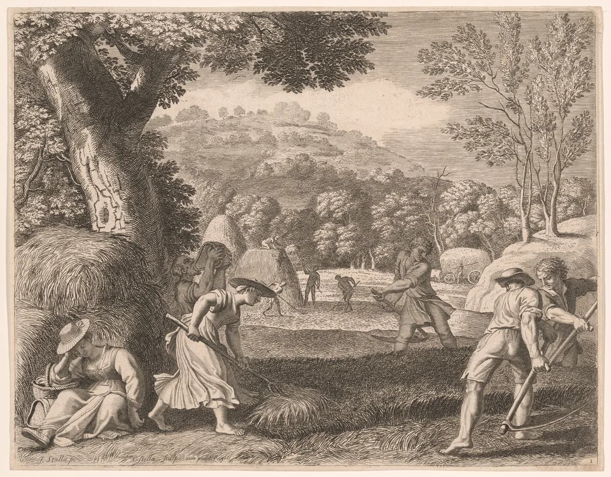 Haymaking, Plate 1 from Pastorales by Claudine Bouzonnet-Stella, print, 1667