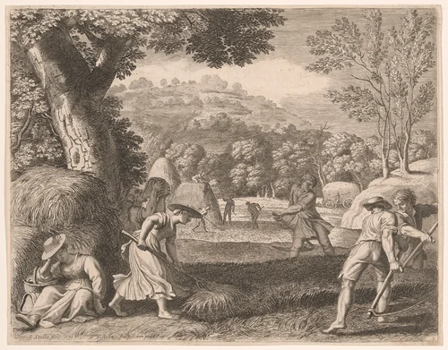 Haymaking, Plate 1 from Pastorales by Claudine Bouzonnet-Stella, print, 1667
