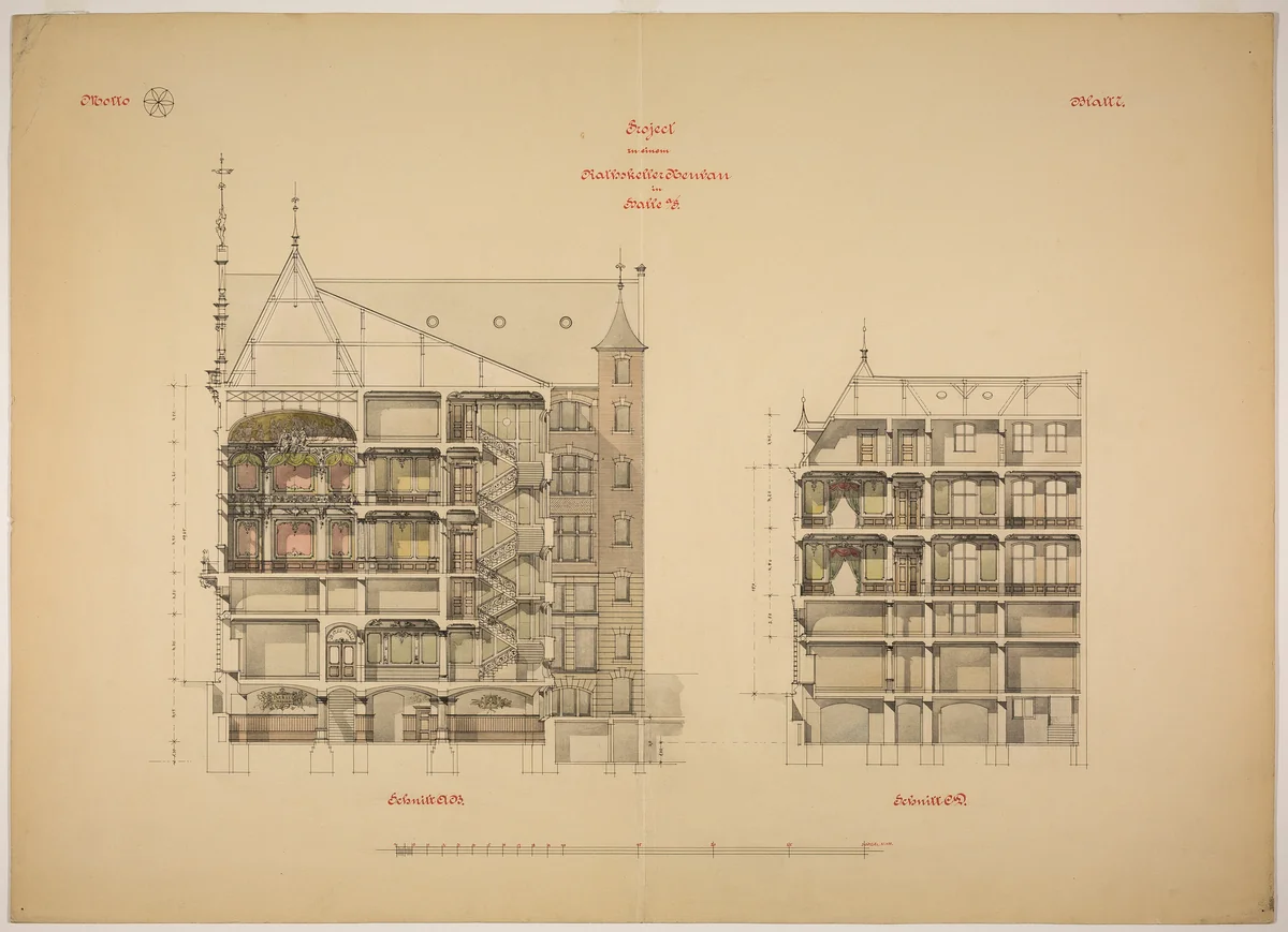 Rathskeller Neubau, Halle (Saale), Saxony-Anhalt, Germany, Two Sections by Peter J. Weber, drawing, 1882-1892