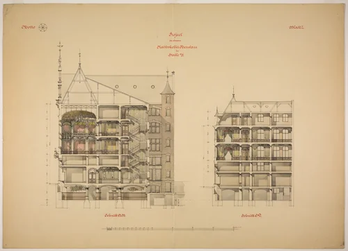 Rathskeller Neubau, Halle (Saale), Saxony-Anhalt, Germany, Two Sections by Peter J. Weber, drawing, 1882-1892
