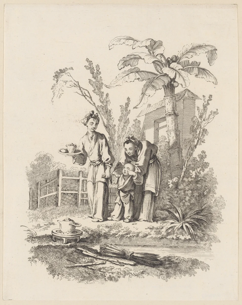 Two Women Leading a Child toward a Teapot on a Table near a Pond by Gabriel Huquier, print, 1737-1747