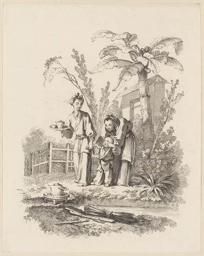 Two Women Leading a Child toward a Teapot on a Table near a Pond by Gabriel Huquier, print, 1737-1747