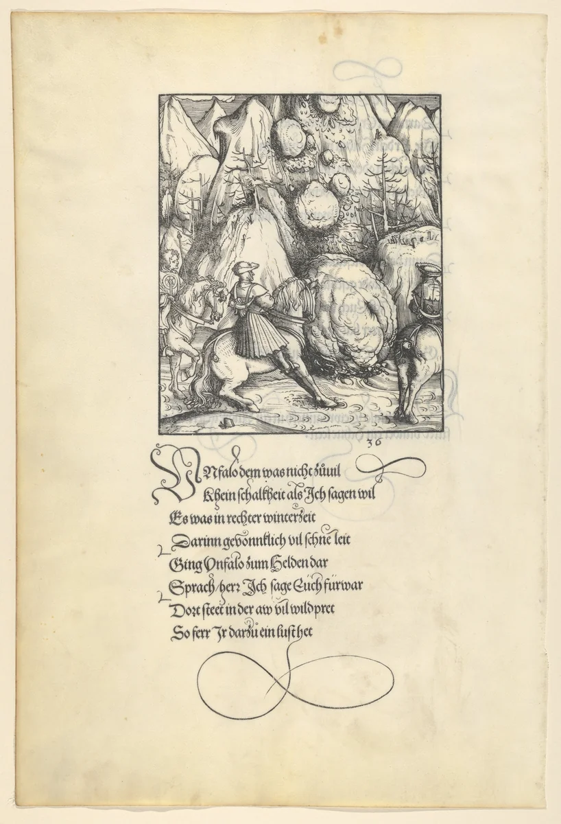 Theuerdarnk Endangered by an Avalanche, from [Theuerdank] Die geuerlicheiten vnd einsteils der geschichten des loblichen streytparen vnd hochberümbten helds vnd Ritters herr Tewrdannckhs by Hans Burgkmair, print, 1517