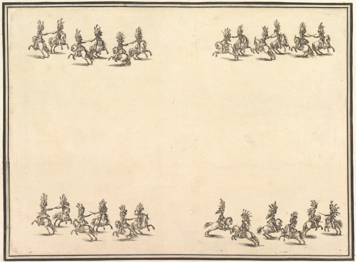 Twenty-four riders dueling with swords in four groups, with two groups in lines at the top and bottom of the page, from "La gara delle Stagioni" by Stefano della Bella, print, 1652