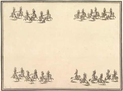 Twenty-four riders dueling with swords in four groups, with two groups in lines at the top and bottom of the page, from "La gara delle Stagioni" by Stefano della Bella, print, 1652