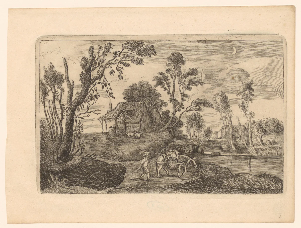 Landschap bij maanlicht met boerderij en man met ezel bij een water by John Evelyn, print, 1649