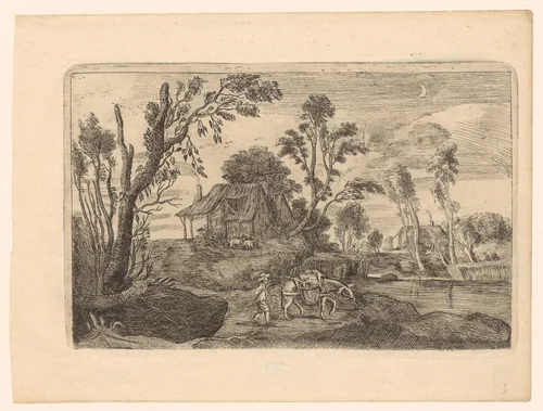 Landschap bij maanlicht met boerderij en man met ezel bij een water by John Evelyn, print, 1649