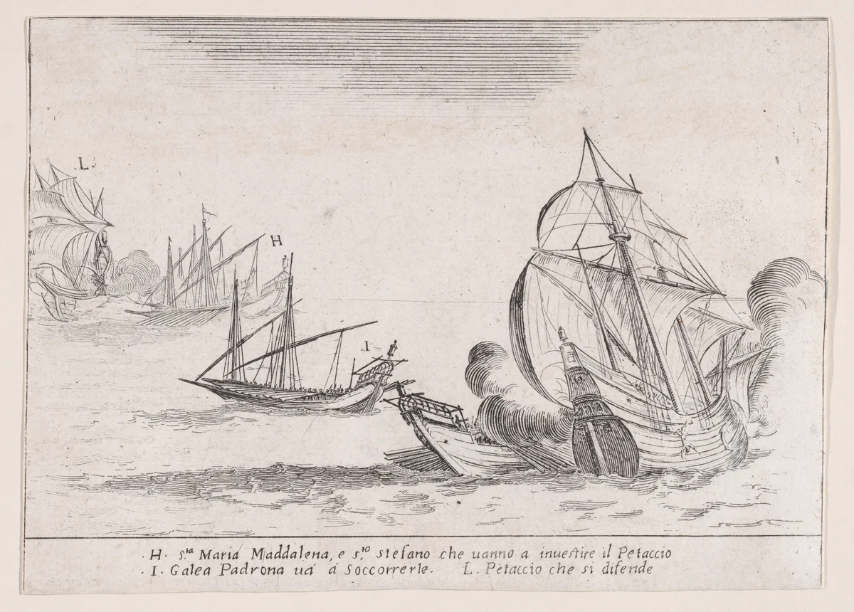 L'Abordage du Taccio (The Collision of Taccio), from "Les Combats de Quatre Galères" (The Battles of Four Galleys) by Jacques Callot, print, 1605-1635